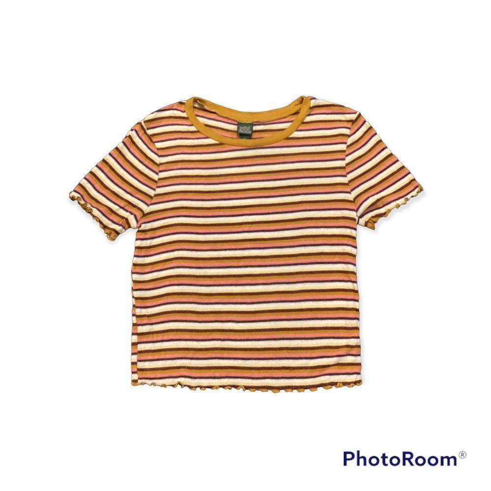 Wild Fable Striped Orange Brown Yellow Crop with Scalloped Detail Top SZ-S
